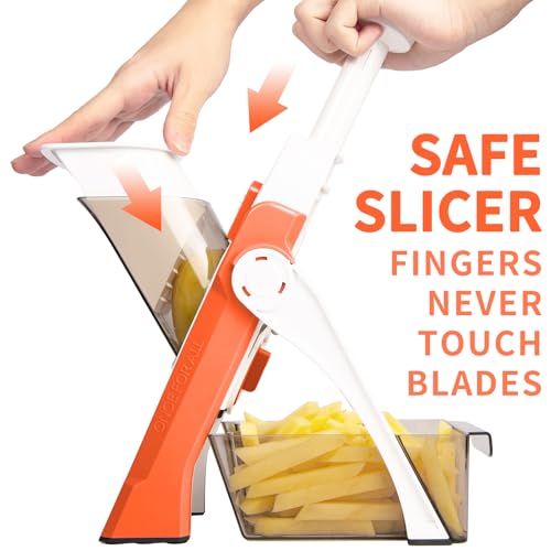 ONCE FOR ALL Safe Mandoline Slicer 5 in 1 Vegetable Cutter, Strips Julienne Dicer Adjustable Thickness 0.1-8 mm for Kitench Fast Meal Prep (Orange) - Thumbnail 2