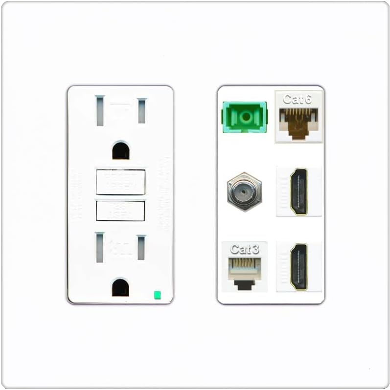 RiteAV 1 Port Fiber Optic Jack SC Simplex APC + Cat6 + Coax + 2 x HDMI + Phone Wall Plate - GFCI Outlet [Red/White]