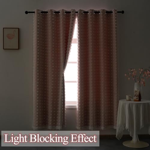 Image of Pink Blackout Pom Pom Sheer Curtain for Girls Bedroom 2 Panels, Double Layered Curtain with White Overlay, Light Blush Baby Toddler Nursery Curtains 63 Inch Length, Cute Boho Window Drapes