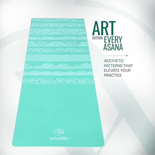 Image of Wiselife Printed Exercise Yoga Mat with Carry Strap, Anti-Slip Fitness Mat for Yoga, Pilates, Stretching & Home Workout (Cyan Wave)