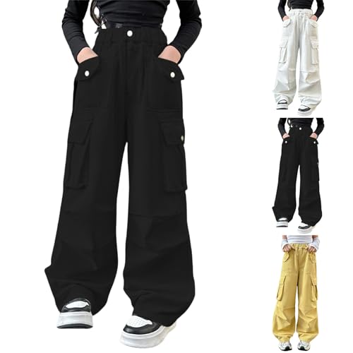 Girls Baggy Cargo Pants Straight Elastic High Waist Wide Leg Sweatpants Solid Color Vintage Fall Trendy Washed Pants