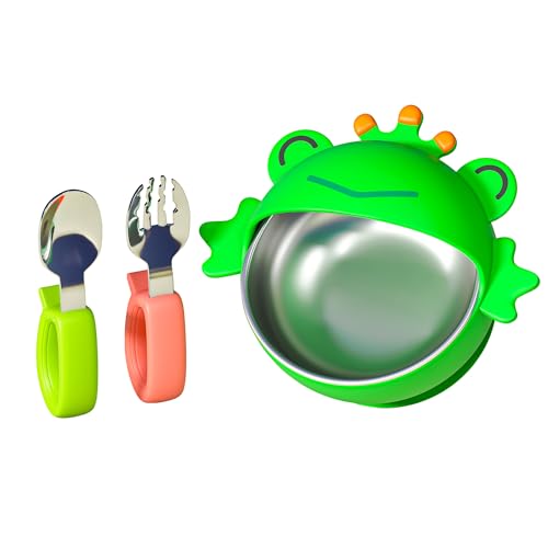ENERGEVITY Suction Bowls Set for Baby Feeding，Silicone Suction Baby Bowl and Food-Grade 304 Stainless Steel Bowl with Fork and Spoon,Dishwasher Safe (Little Frog)