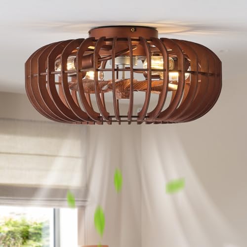 Image of 20 inch Wood Ceiling Fans with Lights Flush Mount, Caged Farmhouse Rustic Ceiling Fan with Light Remote Control, Wooden Low Profile for Bedroom, Living Room, Nursery