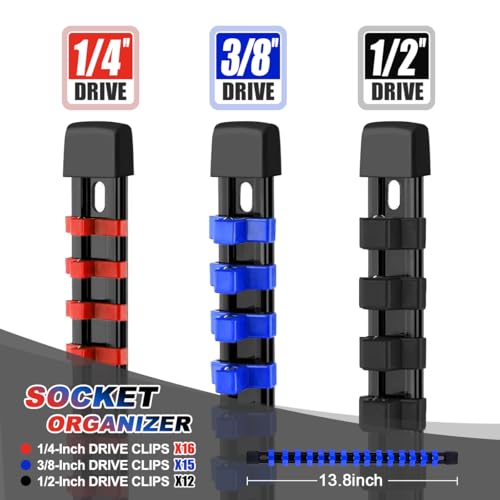 Image of 3-Piece Socket Organizer Rail Set, Heavy Duty Socket Holder for 1 /4 inch, 3 /8 inch, 1 /2 inch Drive, 43 Clips Spring Loaded Ball Bearings for Metric & SAE Sockets, Portable Tool Tray for Toolbox Drawer