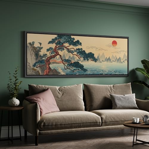 Image of MUDECOR Large Framed Canvas Print Wall Art Traditional Asian Coastal Pine Tree Sunrise Landscape Antique Retro Ready to Hang Painting for Living Room Bedroom Multi-Sizes - 60 inchx20 inch