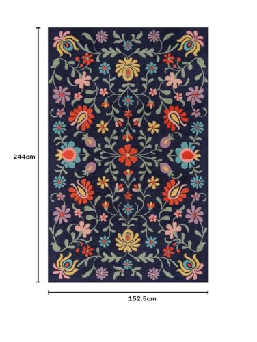 Image of Floral Pattern Wool Carpet with Loop Texture Yarn Anti Shedding Carpet Size 5x8 Feet A3 Blue & Multi