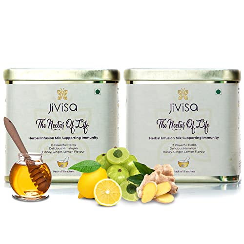 Image of JiViSa The Nectar of Life Herbal Tea for Cold, Cough and Immunity (30 Cups) Kadha with 13 Powerful Herbs, Daily Ayurvedic Tea, Sugar-Free, No-Preservatives Instant Tea Powder Mix Nutraceutical