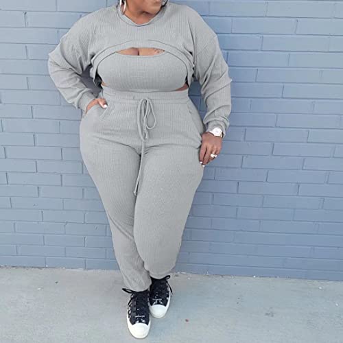 Iymoo Women Sexy Plus Size 3 Piece Outfits - Pullover Sweatshirt Crop Top Camisole Tank Top And Bodycon Long Pant Jumpsuit Romper Set Gray 4X #TOP1