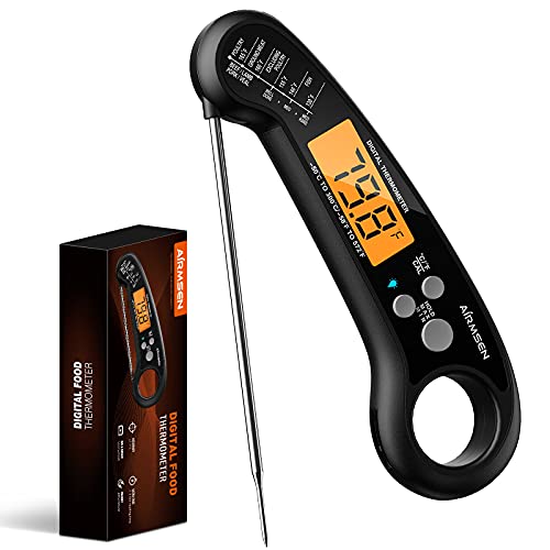 Preisvergleich Produktbild Grillthermometer Fleischthermometer Digital Thermometer Küche mit IP67 Wasserdicht / Edelstahlsonden / Magnet, 2S Sofortiges Auslesen Bratenthermometer für Braten Grill BBQ Smoker Öl (Schwarz)