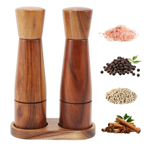Lot de 2 moulins à sel et à poivre en bois avec plateau - Aiguisage réglable - Moulin à épices rechargeable - Moulins à sel et à poivre pour la cuisine