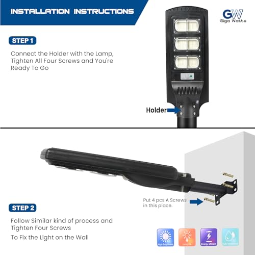 Image of Gigawatts 240 LED 90W Solar Street Light with Remote Control High Power 10Ah Battery Inbuilt 15W Solar Panel IP65 Water Resistant Outdoor Lamp for Wall Pathway Garden and Patio (1Pc, Cool White)