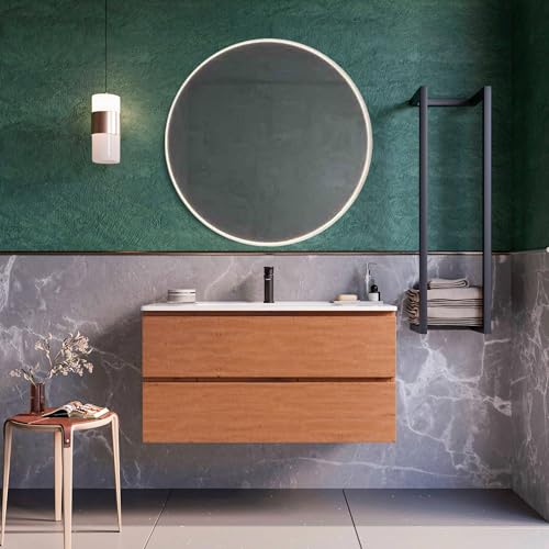 Bonussi Mobile Bagno Sospeso 100 Cm Rovere Cartagena Seattle Con Specchio Led Retroilluminato-image