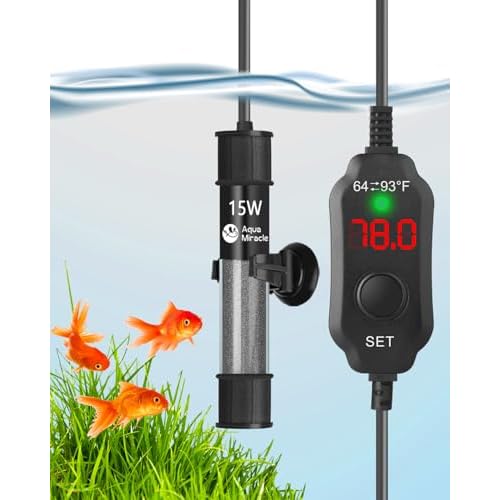 AquaMiracle Adjustable 15W Aquarium Heater Submersible Fish Tank Heater Super Short Aquarium Heater with LED Digital Display Thermostat, for Tanks 1-3
