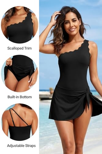 Image of Tempt Me Women One Piece Swim Dress One Shoulder Swimsuit | Tummy control, Skirted bottom, Adjustable shoulder straps, Removable bra