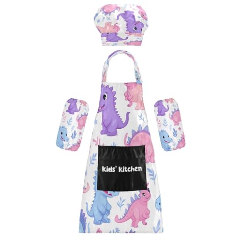Bulletgxll Cartoons Dinosaur Kids Apron and Chef Hat Set Adjustable Bib Aprons with Pockets for Cooking Baking Painting