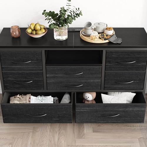 IdealHouse Meuble TV 8 tiroirs Profonds avec Prises électriques et éclairage LED – Commode de Rangement Large pour Chambre, Salon ou entrée – Plateau...