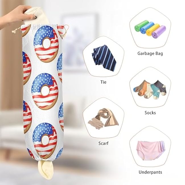 xigua American Flag Donuts Plastic Bag Holder Wall Mount with Drawstring 2 Pack, Reusable Grocery Bag Organizer Decor for Bags, Socks, Underwear, And Neckties
