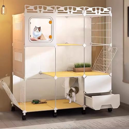 半密閉型DIY猫ケージ、屋内大型猫フェンス、小型ペットケージ、猫フェンス、トイレ付き猫ケージ、猫別荘、プロフェッショナルペットケージ、360度回転キャスター付きペット猫ケージ。(107*47*121cm)