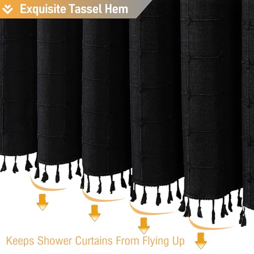 Image of BTTN Black Boho Farmhouse Shower Curtain, Linen Rustic Heavy Duty Fabric Shower Curtain Set with Tassel, Water Repellent, Bohemian Vintage Country Thick Cloth Shower Curtains for Bathroom, 72x72