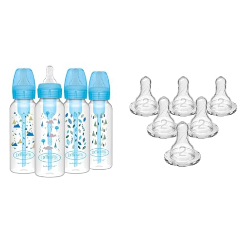 Image of Dr. Brown's Natural Flow Anti-Colic Options+ Narrow Baby Bottles, Nature Designs, 8oz/250mL & Natural Flow Level 2 Narrow Baby Bottle Silicone Nipple, Medium Flow, 3m+