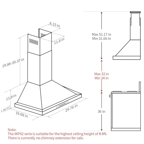 IKTCH 30 inch Black Wall Mount Range Hood, 900 CFM Ducted/Ductless Stainless Steel Vent Hood with Gesture Sensing & Touch Control Switch Panel, 2 Pcs Adjustable Lights(IKP02-30-BSS)