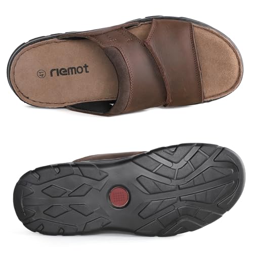 riemot Mens Leather Sandals Memory Foam Footbed Summer Beach Sandal Indoor Outdoor Thick Sole Non-slip Lightweight Slides3