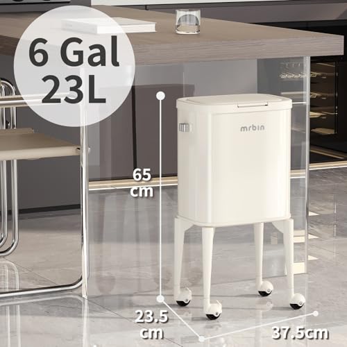 Image of MRBIN Metal Kitchen Trash Can with Wheel Legs, 23L /6.1gal Medium Press on Lid Slim Removable Waste Basket, Pet Proof Garbage Pail for Bedroom, Living Room, Cream White