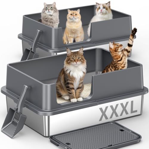 2PACK XXXL Stainless Steel Cat Litter Box with High Sides Lid Large Litter Box for Big&Multiple Cats Metal Kitty Litter Boxes with Footboard & Scoop Anti-Leakage Non-Sticky 28.320.211.5inch