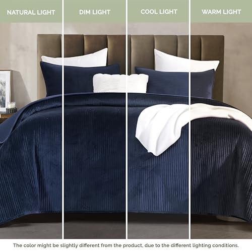 Elegant Comfort Luxury 3-Piece Velvet Corduroy Stripe Quilt Set, Ultra Soft Bedspread - Cozy Velvet Coverlet Set - 3PC Medium Weight Quilted Set with Matching Pillow Shams, Queen, Navy Blue