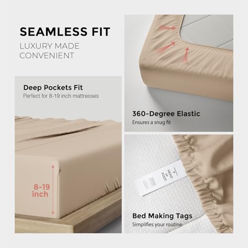 Image of THREAD SPREAD 100% Egyptian Cotton Queen Sheets Set - 1200 Series Plush Collection Luxury Egyptian Cotton Sheets Queen Size Deep Pocket (4 PC, Taupe), Soft, Cooling, Sateen Weave Sheet Set