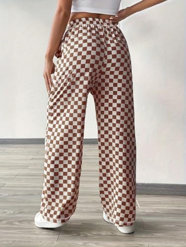Women's Checkerboard Pattern Drawstring Waist Wide Leg Pants Casual Loose Chic Straight Bottoms for Daily3