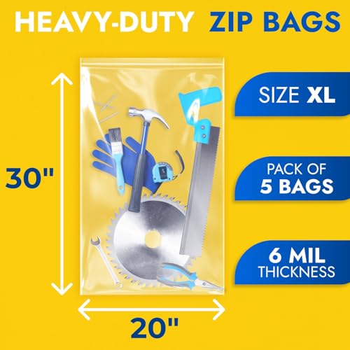 20" x 30" Reclosable Plastic Zip Bags, Pack of 5, 6 Mil Heavy-Duty Clear Poly Bags, Resealable for Food, Clothes, Hardware, Jewelry by Paclord - Image 2