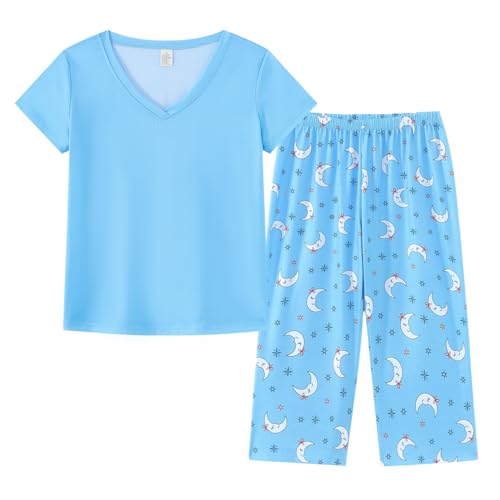 Image of YIJIU Women Soft Comfy Pajamas Cute Cat Short Sleeve Capri Pants PJS Set