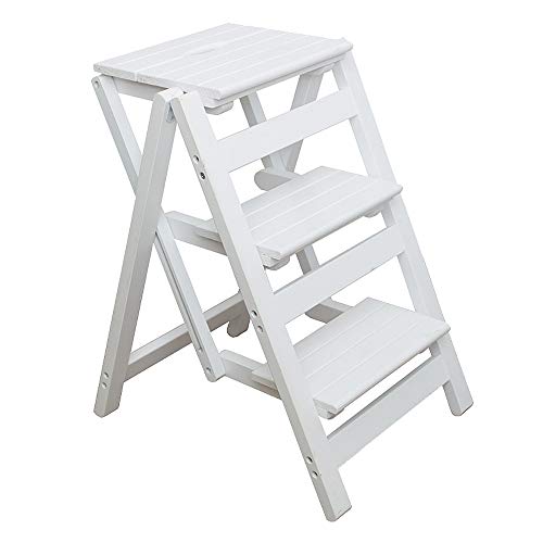 KINGBO Step Stool for Adults/Step Ladder/Counter Chair, 3-Step Folding Portable Wooden Step Stool, Anti-Slip & Lightweight (White)