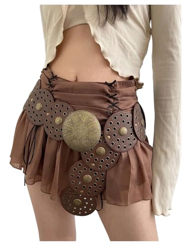 GORGLITTER Women's Boho Disc Belt Wide Western Belt Vintage Concho Waist Belt for Dress Jeans