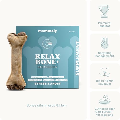 5-in-1 Entspannungs-Kauknochen - Relax Bone+ 1x Kauartikel (12cm) von mammaly - Kaustange aus Rinderhaut mit Kamille & Lavendel u. v. m. zur Beruhigung - Kauspielzeug / -Knochen als Beruhigungsmittel