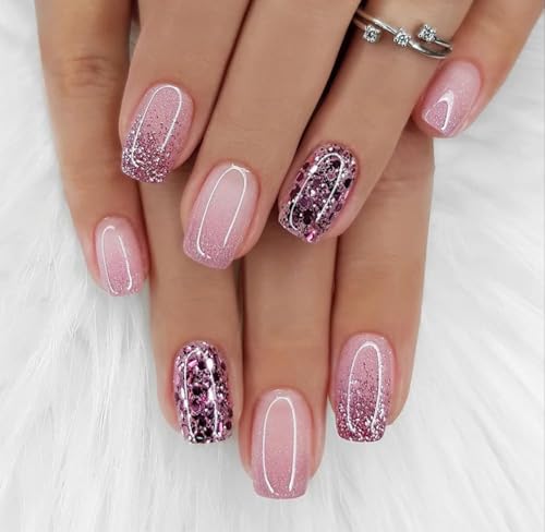 CurvLife Press On Nails Pink Diamond Acrylic Short Fake Nails Des...
