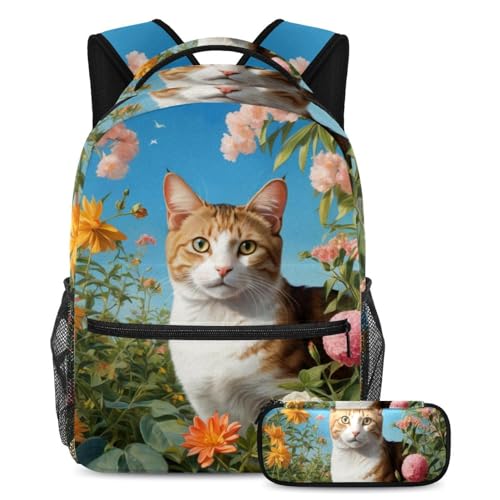Sac à dos chat et fleur avec trousse et sacoche pour l'école