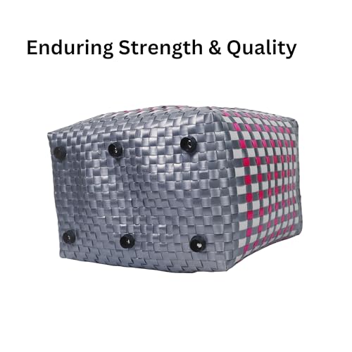 Image of Hand Made Multipurpose Plastic Basket with Lid | Eco-Friendly, Washable, Rust-Free Storage Basket for Kitchen, Picnic, Toys, Travel, Office | Lightweight basket (Pink with Grey, M)