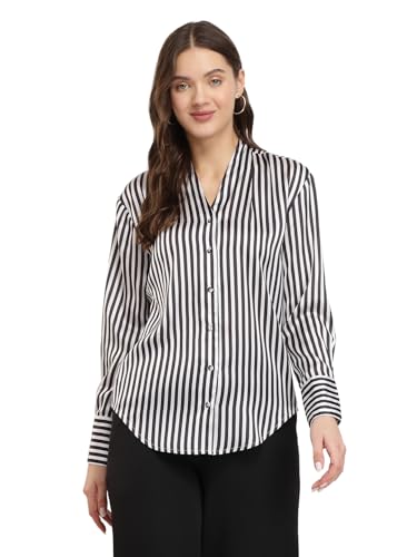 Image of FableStreet Women Formal Shirt | Relaxed Fit V-Neck Polka Dot Pattern with Pleated Detailing | Satin Fabric for Business Casual