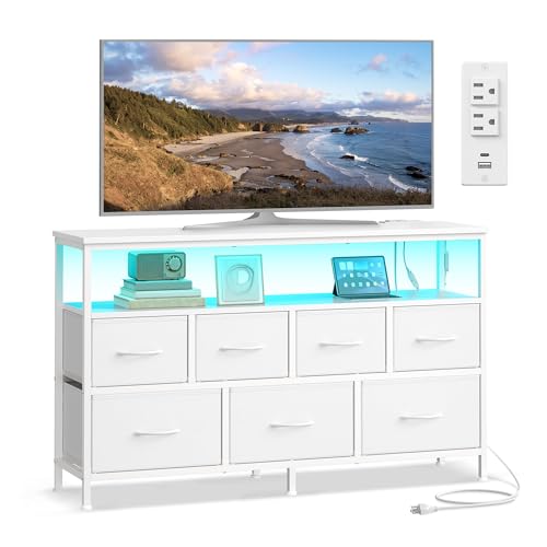 Image of SONGMICS BELLAH Collection - Dresser for Bedroom with App-Controlled LED Lights and Charging Station, Chest of Drawers, TV Stand, 7 Drawers, Shelf, Modern, Cloud White ULGS733WH05S