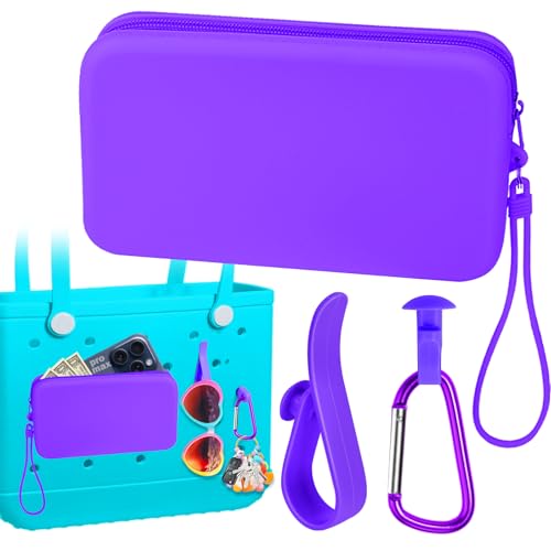 Image of Mity rain Silicone Wallet for Bogg Bag Phone Holder, Accessories Set for Bogg Bag Contain 2PCS Key Holder and a Large Capacity Silicone Zipper Bag for Beach Bags Tote Bag (Dark Purple)