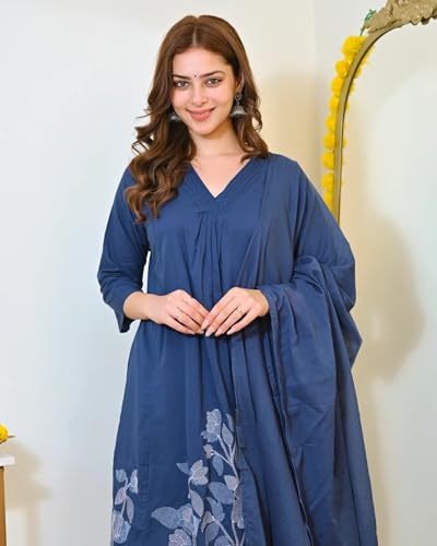 Image of Nermosa Women Solid A-line Kurta and Pant set With Dupatta | Women Kurta Set | Solid Suit | Embroidery Kurta Set |