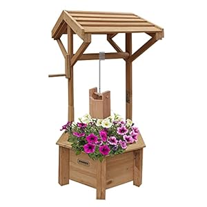 Vivo Technologies Wooden Wishing Well Planter, Garden Feature Outdoor Flower Pot Backyard Decor, Natural