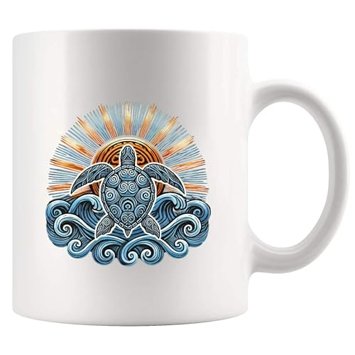 Hawaiian Maori Sun Sea Turtle Beach Lover Turtle Gifts Ocean Lover Nature Lover For Women Men Novelty Drinkware Ceramic Mug 11 oz White