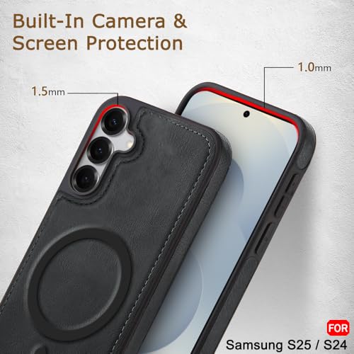 Image of TheGiftKart Genuine Leather Finish Back Cover Case for Samsung Galaxy S25 / S24 5G | Raised Edges for Camera & Screen Protection | Shockproof Stunning Minimalist Design (MagSafe Compatible, Black)