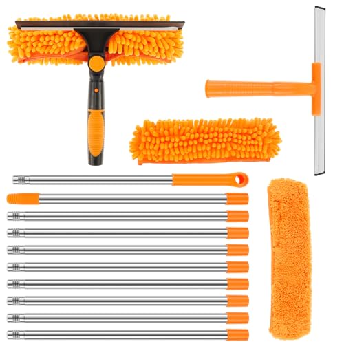 Set di lavavetri 2 in 1 con asta telescopica regolabile, pulitore per polvere, antiscivolo, facile da pulire per vetro, interni ed esterni, prese d'aria del condizionatore d'aria