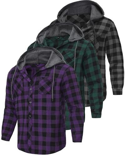 3 Pack Lightweight Hooded Flannel Shirt for Men Casual Button Down Plaid Shirt Long Sleeve Fashion Hooded with Pocket