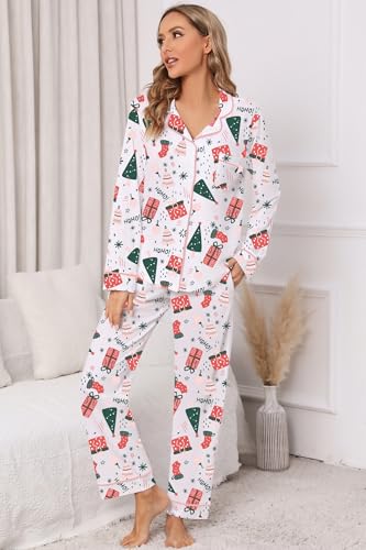 Image of LUBOT Christmas Pajamas for Women 100% Cotton Pajama 2 Piece PJ Set Soft Long Sleeve Button Xmas Print Loungewear XS-XXL