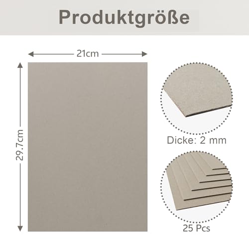 25 Stück Graupappe DIN A4 2mm Buchbinderpappe A4 Graukarton Modellbaupappe Buchbind Karton